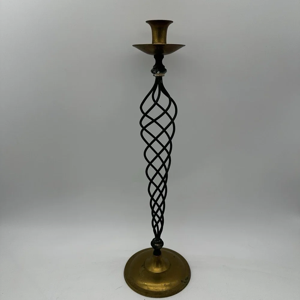 Vintage Spiral Shape Pattern Green Patinaed Brass Candle Holders 21